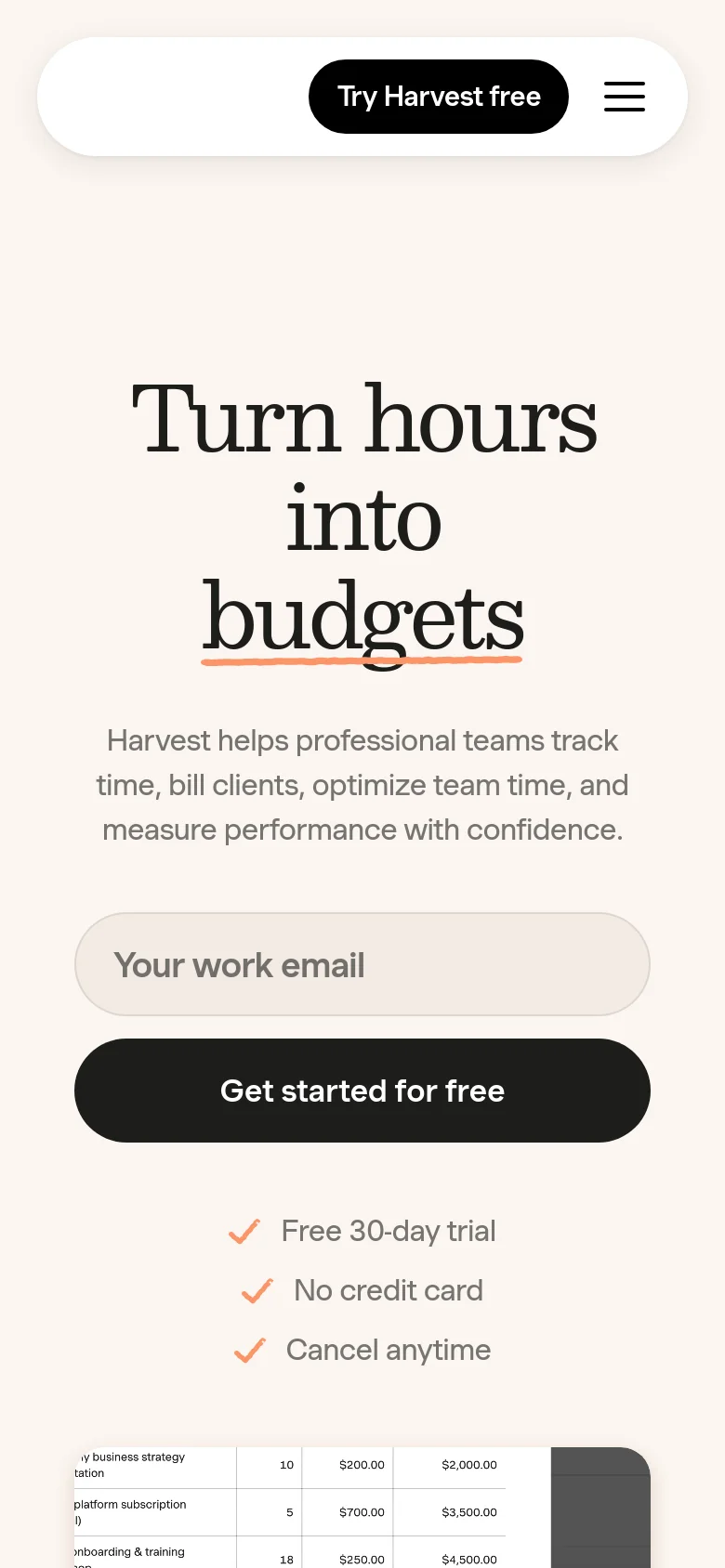 The mobile version uses a simplified layout with a centered headline 'Turn hours into budgets' and a large, full-width 'Get started for free' button. The navigation is condensed into a hamburger menu at the top right, and the hero image is replaced by a vertical stack of text and input fields to optimize for small screens.