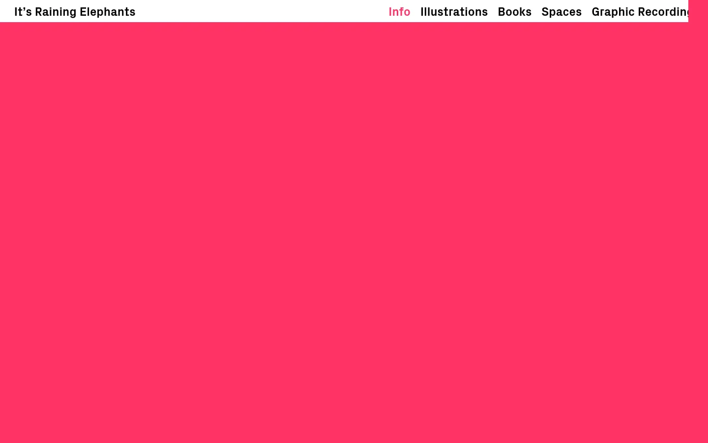 The desktop version of the Info page features a minimalist layout with a large, solid pink header section. Below the header, the page contains text information about the illustration studio, including contact details, a newsletter subscription link, and lists of services and founders. The navigation menu is positioned at the top right against the pink background.