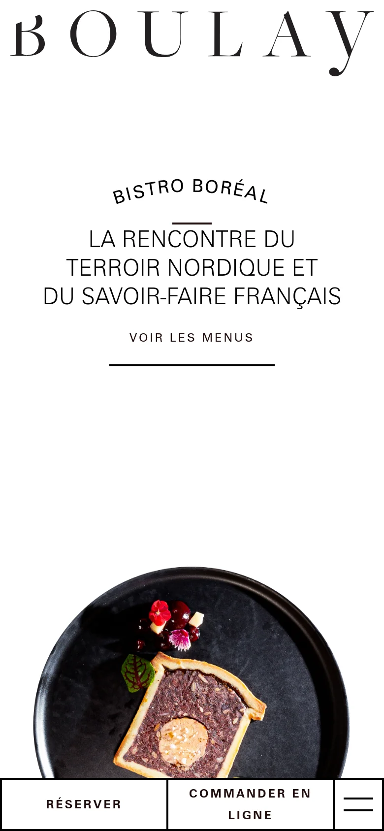 The mobile version uses a vertically stacked layout with the large 'BOULAY' logo and hero text centered at the top. A large, circular image of a gourmet dish dominates the lower half of the screen, and a fixed bottom navigation bar provides quick access to 'Réserver', 'Commander en ligne', and a menu icon.