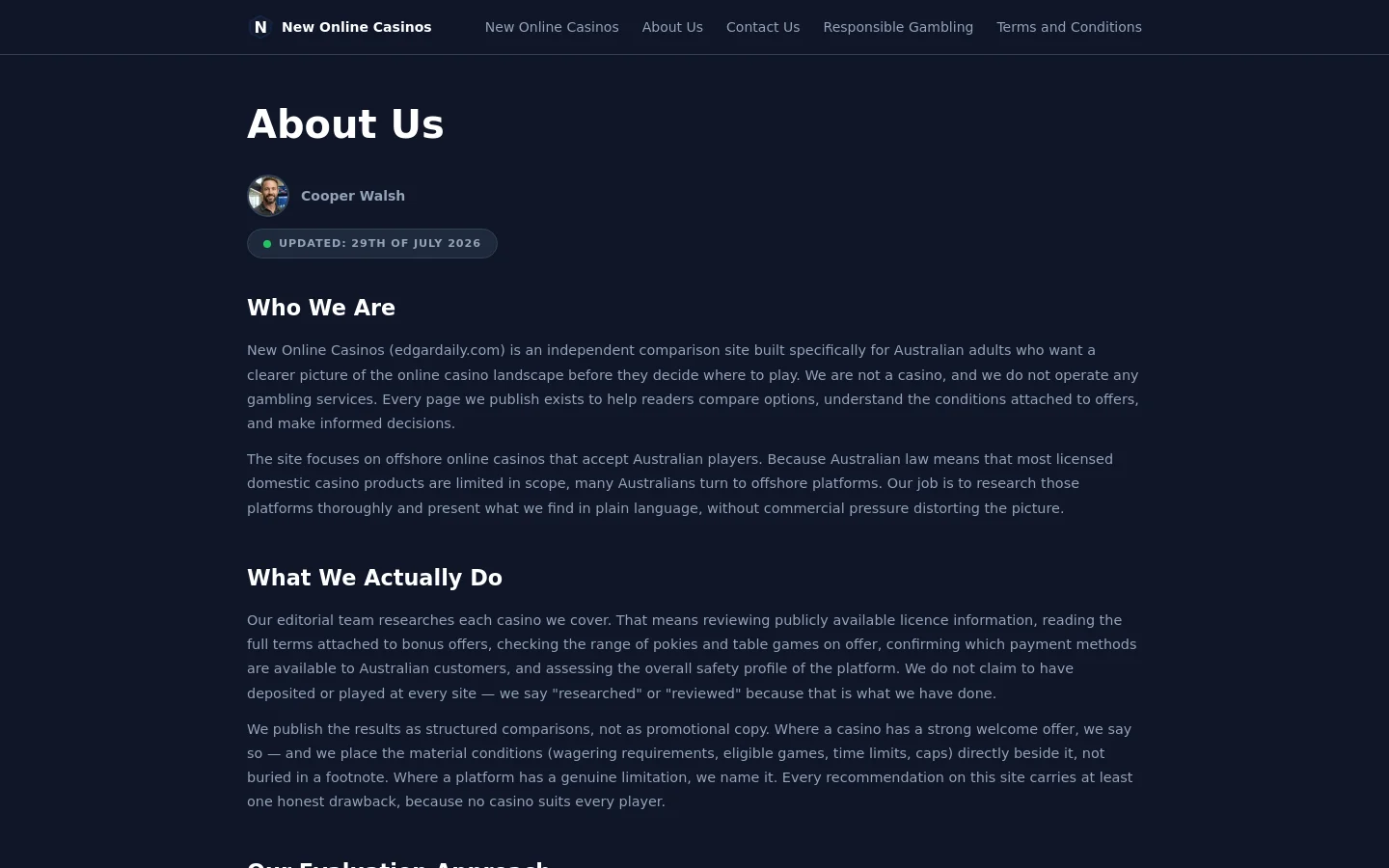 The About Us page features a dark navy background with white text and a clean, minimalist layout. A circular profile photo of Cooper Walsh is positioned below the main 'About Us' headline, followed by an 'Updated' badge and several sections of text including 'Who We Are' and 'What We Actually Do'. The desktop navigation bar at the top includes links to New Online Casinos, About Us, Contact Us, Responsible Gambling, and Terms and Conditions.