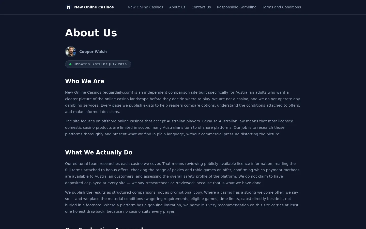 The About Us page features a dark navy background with white text and a clean, minimalist layout. A circular profile photo of Cooper Walsh is positioned below the main 'About Us' headline, followed by an 'Updated' badge and several sections of text including 'Who We Are' and 'What We Actually Do'. The desktop navigation bar at the top includes links to New Online Casinos, About Us, Contact Us, Responsible Gambling, and Terms and Conditions.
