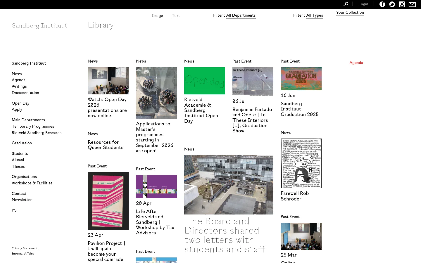 The Sandberg Instituut Library desktop page features a minimalist white layout with light gray typography. A grid of news and past event entries displays various images, including a group of people, a green graphic, and a text-based illustration, each accompanied by a headline and date. A vertical navigation menu on the left lists categories like News, Agenda, and Main Departments.