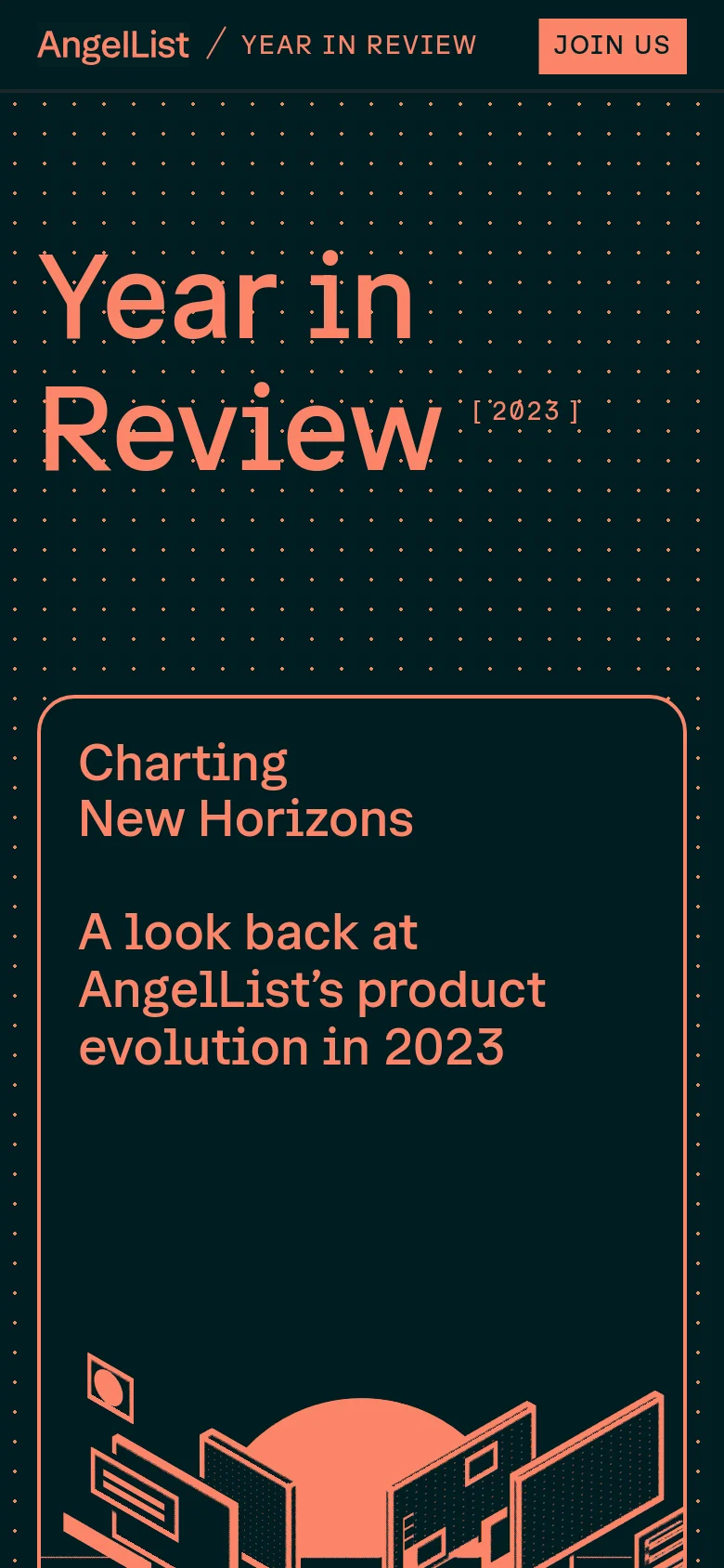 The mobile version presents a vertically stacked layout on a dark teal, dotted background. The hero text 'Year in Review [2023]' is prominently centered, followed by a large, bordered card containing the headline 'Charting New Horizons' and introductory text. The top navigation is simplified to a logo, breadcrumbs, and a 'JOIN US' call-to-action button.