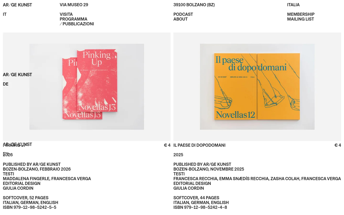 The desktop page for Ar/Ge Kunst publications features a minimalist white layout with a navigation menu at the top. It displays a grid of book publications, each including a large cover image, title, price, year, and detailed bibliographic information like authors and ISBN. The design uses clean black typography against a light background.