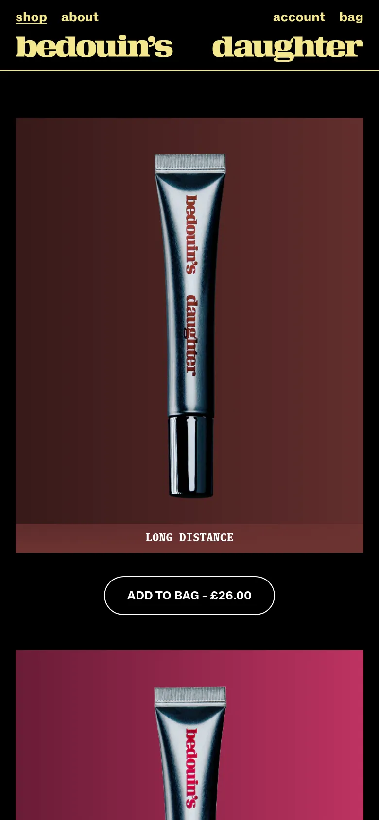 The mobile version presents a vertically stacked layout of the product cards to fit a narrow screen. Each card features a large image of the lip balm tube against its respective colored background, followed by the shade name and a prominent black 'ADD TO BAG' button centered below the image.