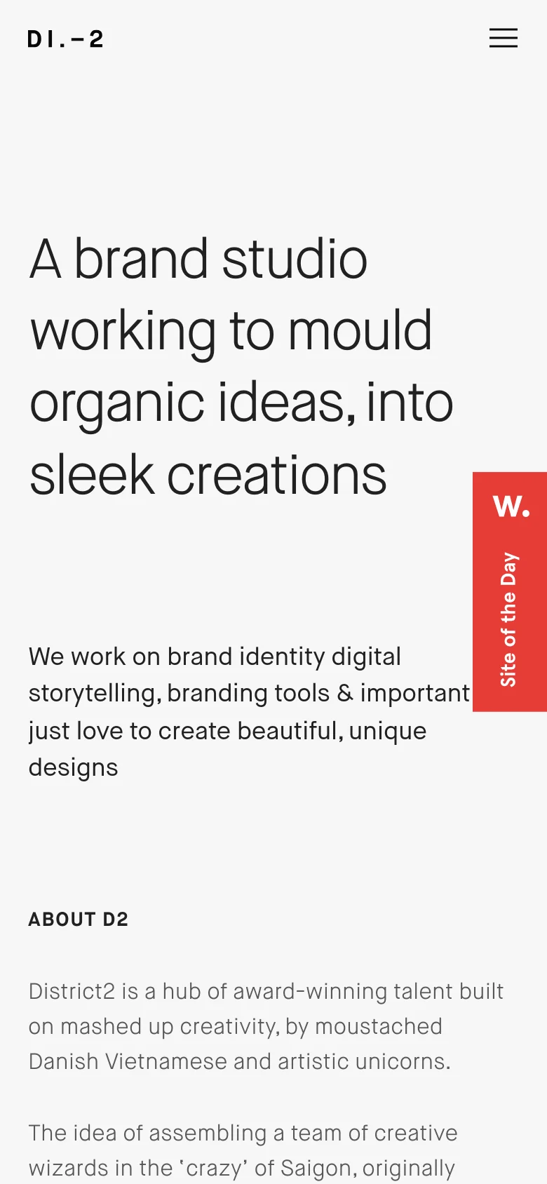 The mobile version maintains the minimalist aesthetic and large typography but uses a stacked layout for better readability on narrow screens. The navigation is condensed into a hamburger menu icon at the top right, and the red 'Site of the Day' badge remains pinned to the right side.