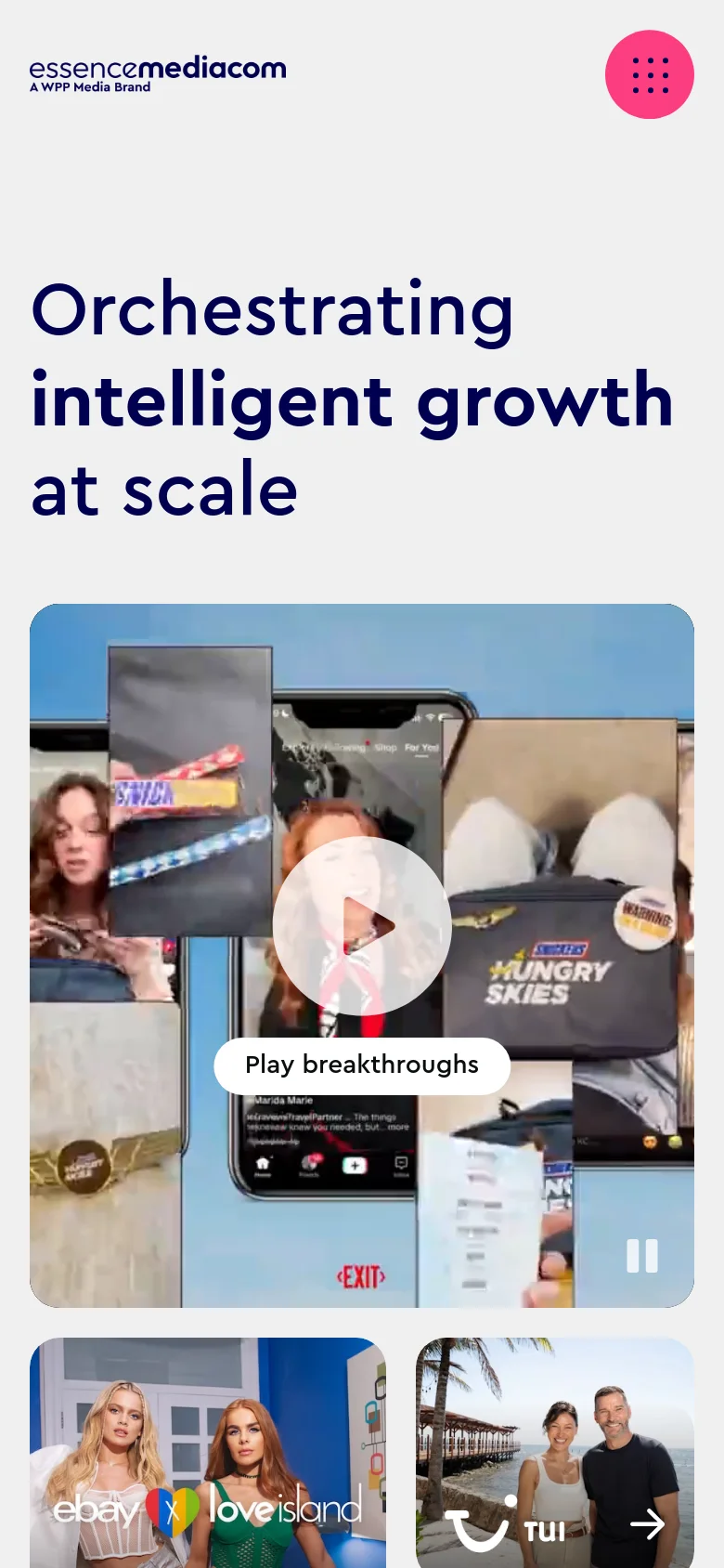 The mobile version presents a vertically stacked layout with the same large dark blue headline at the top. The hero imagery is condensed into a single large video player window with a 'Play breakthroughs' button, followed by smaller image tiles below. The navigation is simplified, focusing on the visual content and the primary headline.
