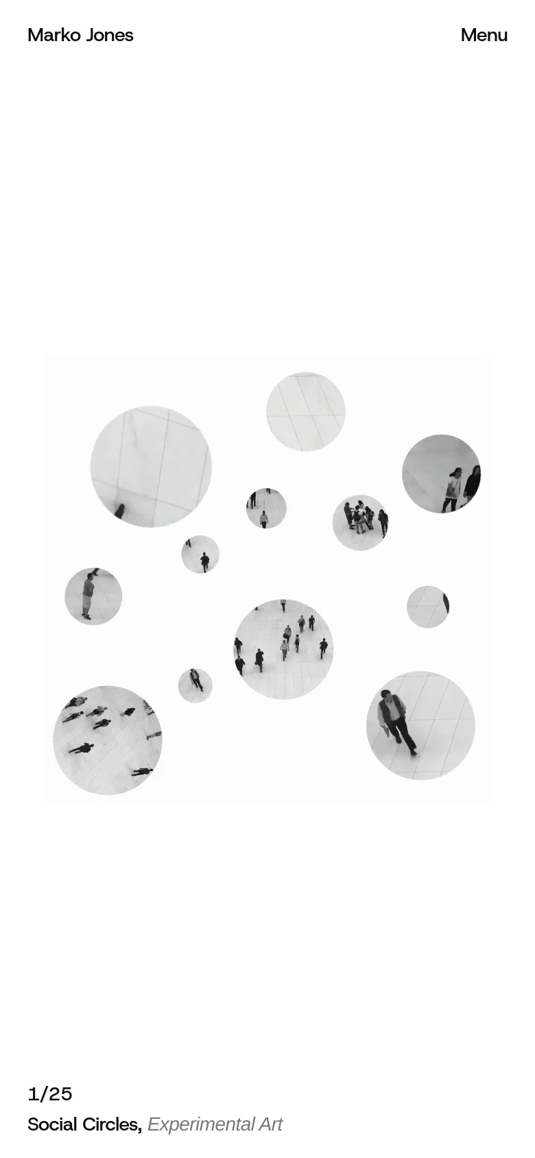 The mobile version simplifies the layout with a condensed header featuring 'Marko Jones' and a 'Menu' button. The central black and white circular imagery is scaled down to fit the vertical screen, and the footer text is repositioned below the image collage.