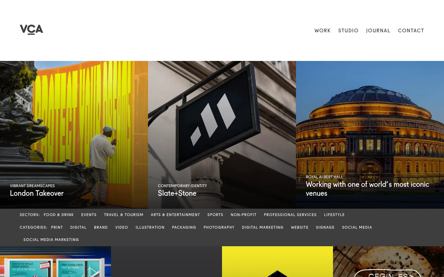 The Work page features a clean white header with the VCA logo and navigation links. Below, a large grid displays high-quality portfolio projects including 'London Takeover', 'Slate+Stone', and 'Royal Albert Hall' with descriptive text overlays. A dark footer section contains categorized links for various industry sectors and creative services.