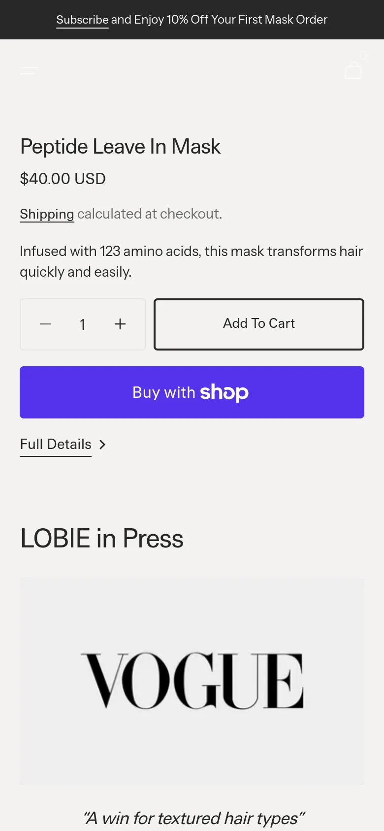 The mobile version uses a single-column layout optimized for vertical scrolling on a cream background. The product information, purchase buttons, and press logos are stacked vertically, maintaining the clean aesthetic of the desktop site but with larger, touch-friendly interface elements.