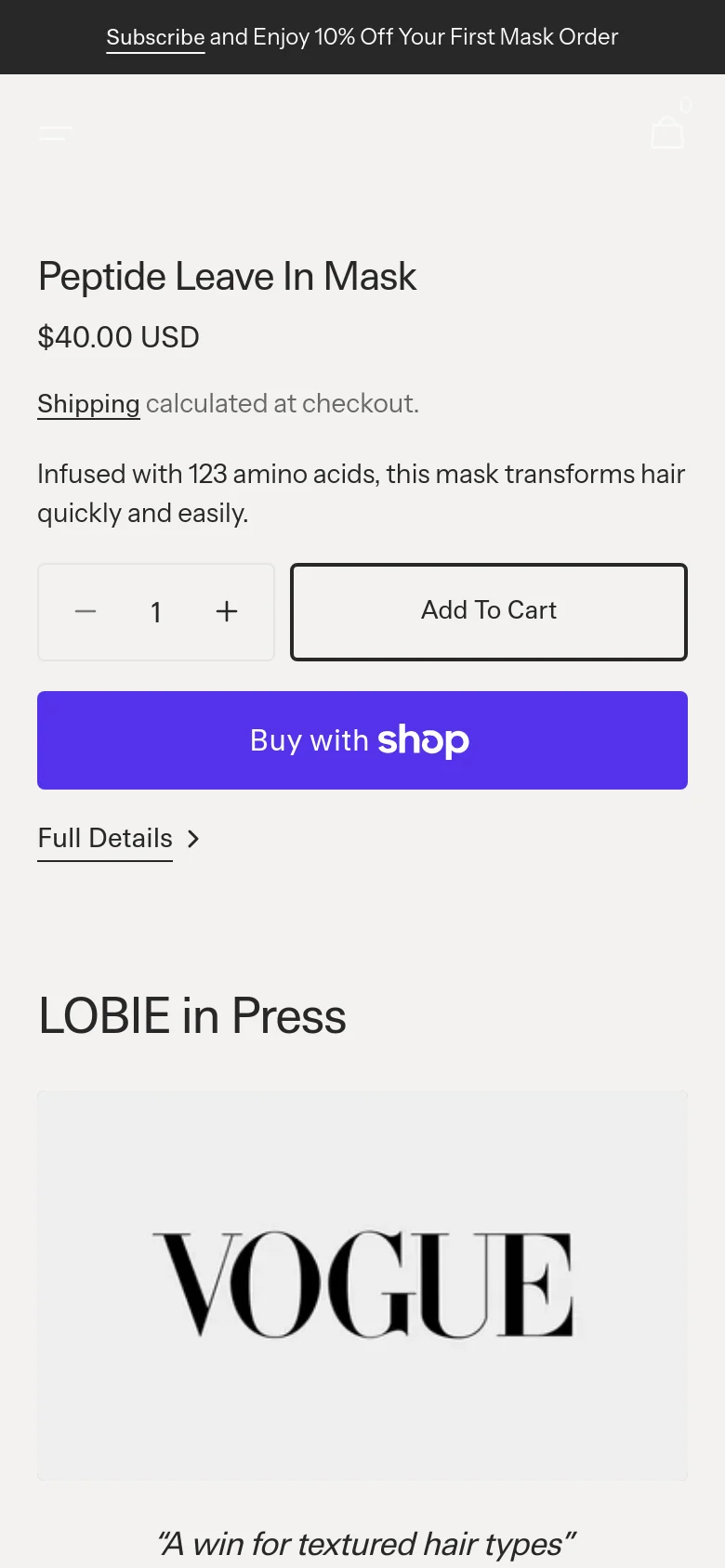 The mobile version uses a single-column layout optimized for vertical scrolling on a cream background. The product information, purchase buttons, and press logos are stacked vertically, maintaining the clean aesthetic of the desktop site but with larger, touch-friendly interface elements.