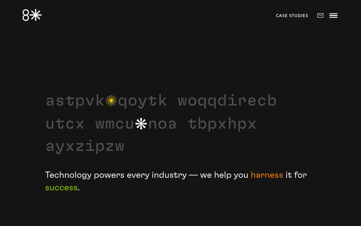 The desktop Case Studies page features a dark theme with a large hero section containing abstract text and the headline 'Technology powers every industry — we help you harness it for success.' Below the hero, a filtering interface allows users to sort case studies by Industry, Services, and Technology via dropdown menus, alongside a search icon.