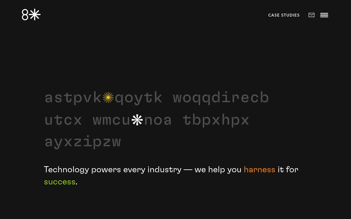 The desktop Case Studies page features a dark theme with a large hero section containing abstract text and the headline 'Technology powers every industry — we help you harness it for success.' Below the hero, a filtering interface allows users to sort case studies by Industry, Services, and Technology via dropdown menus, alongside a search icon.