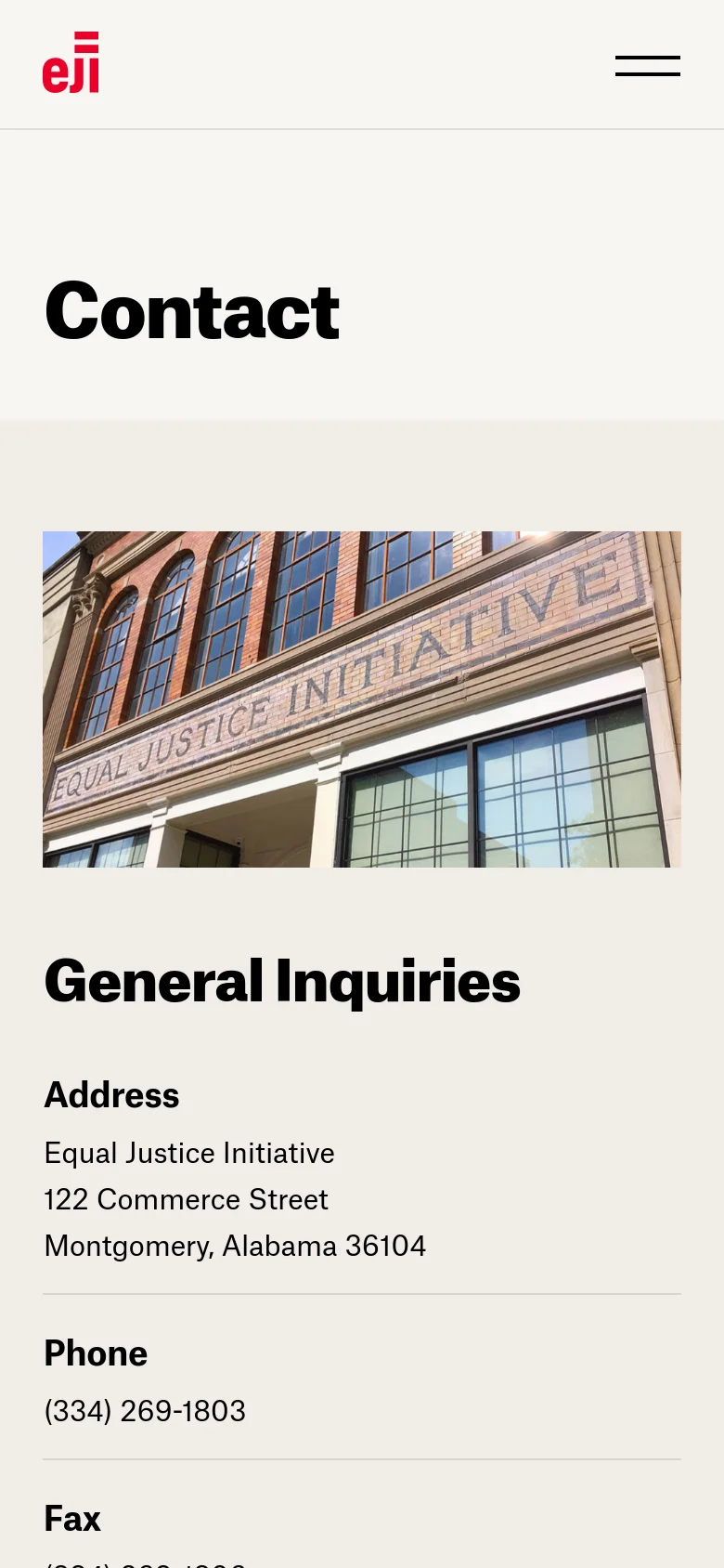 The mobile version presents a single-column vertical layout optimized for small screens. The 'Contact' headline appears at the top, followed by a full-width photograph of the Equal Justice Initiative building, with the General Inquiries contact information stacked vertically underneath. The top navigation is condensed into a hamburger menu icon.