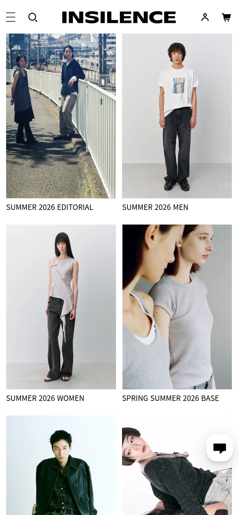 The mobile version displays a simplified header with a hamburger menu, search icon, brand logo, user profile, and shopping cart icon. The fashion collection images are arranged in a single-column vertical scroll, making each editorial photo larger and more prominent on the smaller screen compared to the desktop grid.