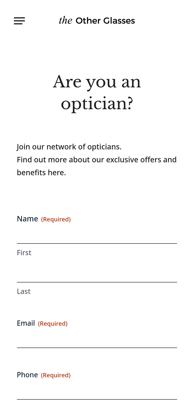 The mobile version simplifies the layout into a single vertical column for easier scrolling. The navigation is condensed into a hamburger menu icon next to the brand logo, and the contact form fields for Name, Email, and Phone are stacked vertically with large, touch-friendly input lines. The centered text and minimalist aesthetic remain consistent with the desktop version.