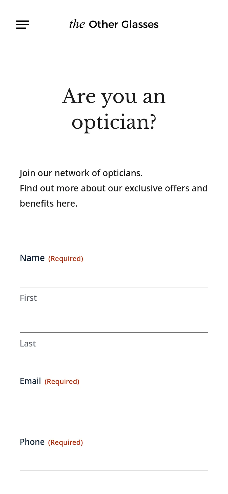 The mobile version simplifies the layout into a single vertical column for easier scrolling. The navigation is condensed into a hamburger menu icon next to the brand logo, and the contact form fields for Name, Email, and Phone are stacked vertically with large, touch-friendly input lines. The centered text and minimalist aesthetic remain consistent with the desktop version.