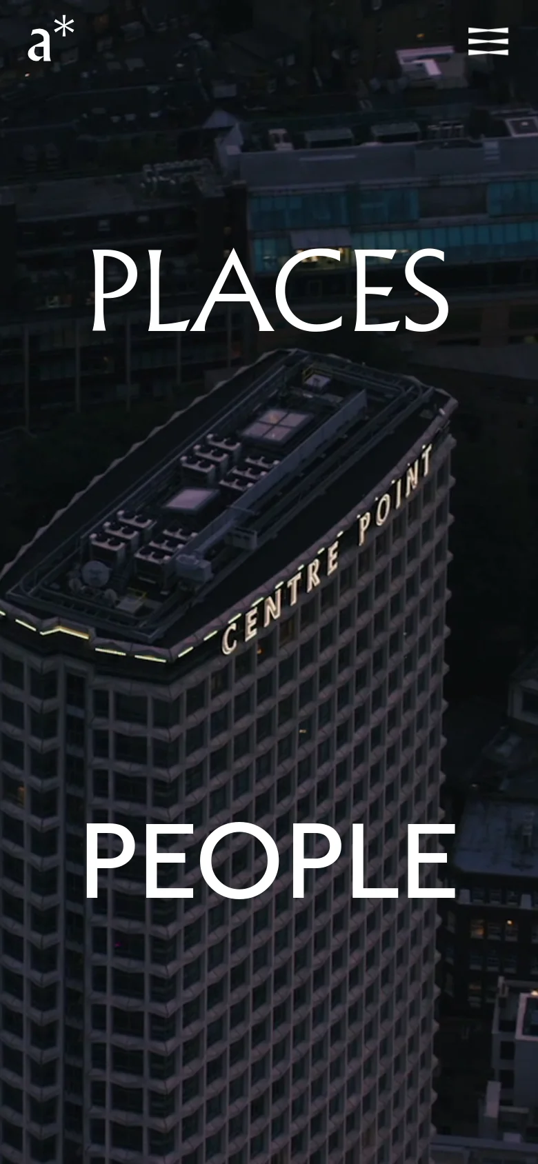 The mobile version maintains the dark, cinematic aerial city background but reframes the content for a vertical aspect ratio. The 'PLACES' and 'PEOPLE' text is stacked vertically over the central skyscraper, and the Almacantar logo and menu icon are positioned at the top of the screen.