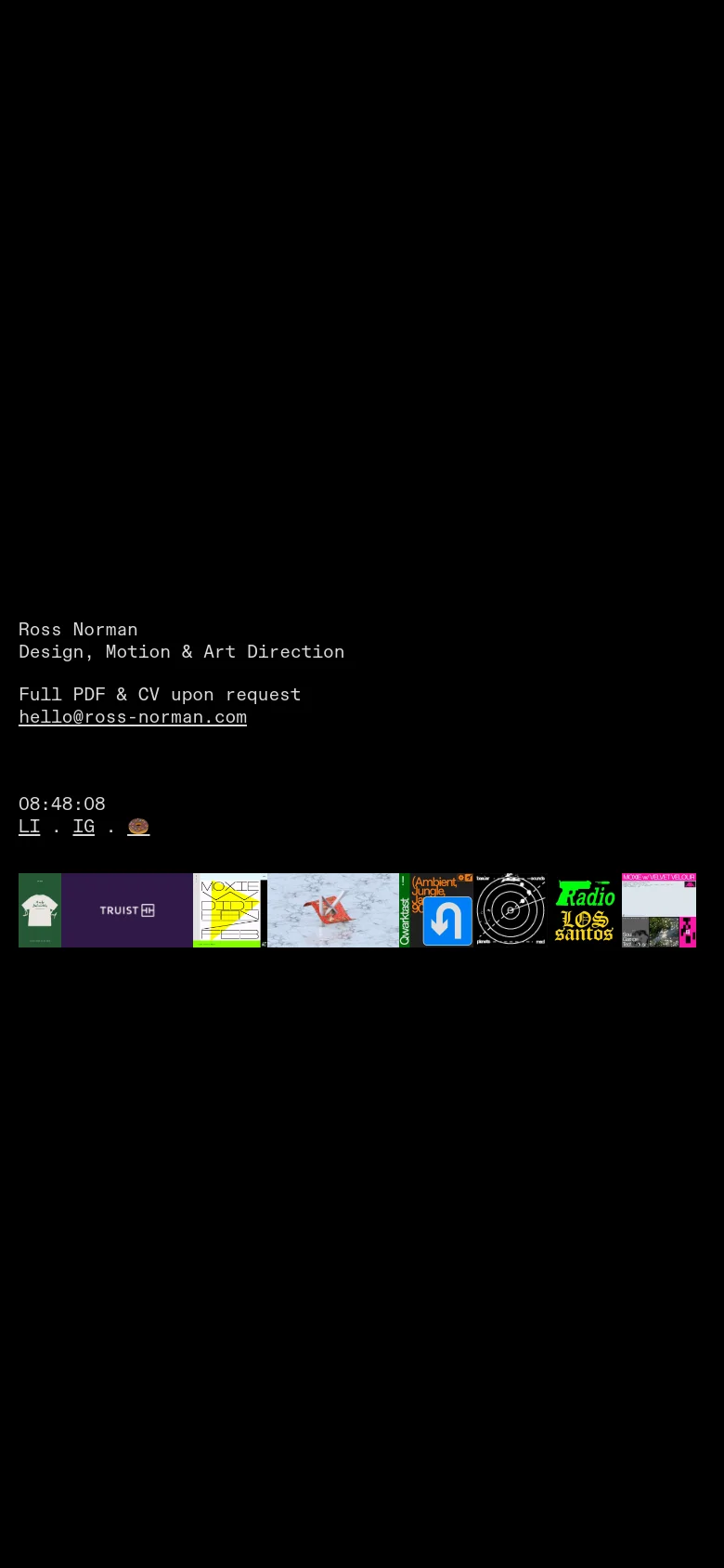The mobile version maintains the black background and white text, but the layout is vertically stacked. The text content is positioned at the top, followed by a grid-like arrangement of the colorful design tiles that fill the width of the screen. The contact links and social icons are condensed for a narrow viewport.