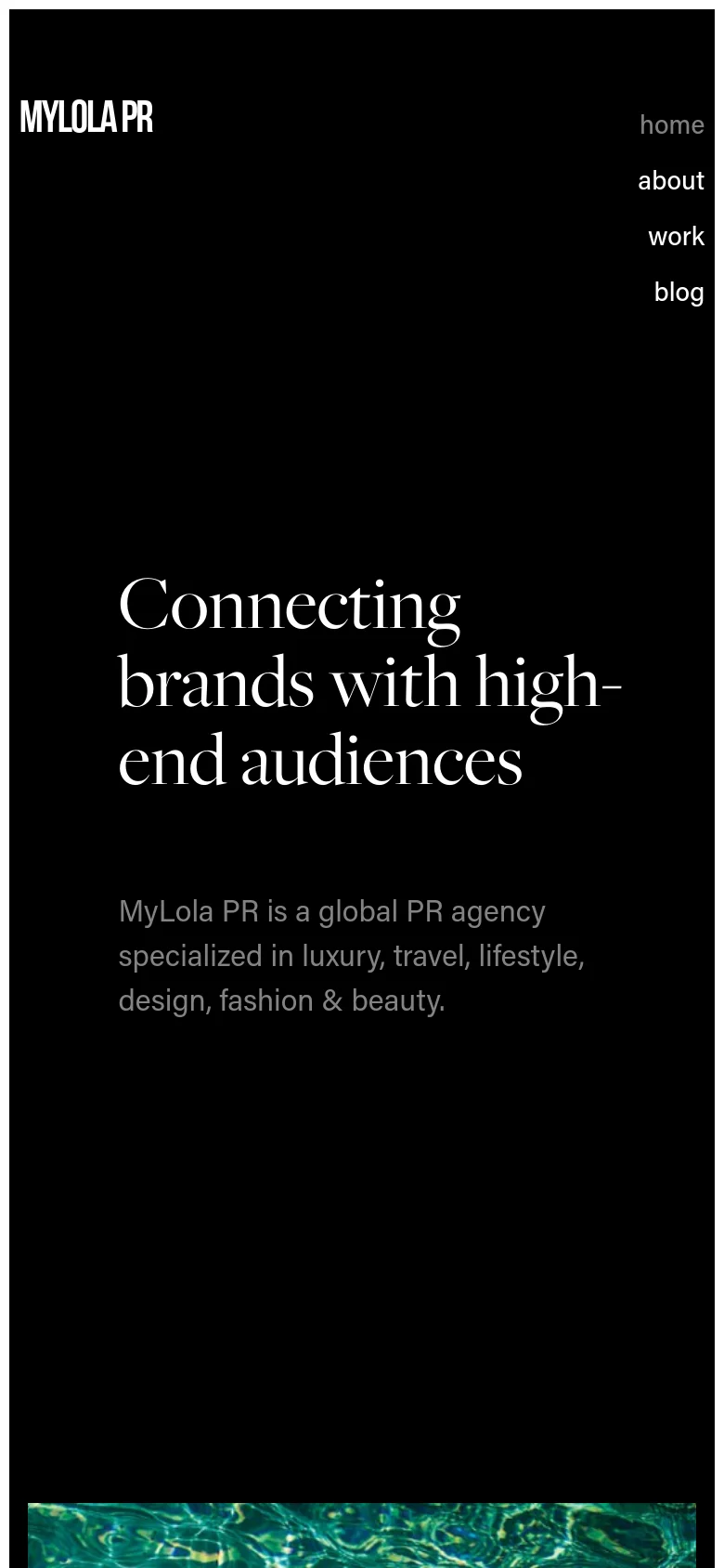 The mobile version maintains the dark, minimalist aesthetic but uses a vertical layout. The navigation links are stacked on the right side, and the large headline and subtext are centered to fit the narrower screen width, emphasizing a clean and focused reading experience.