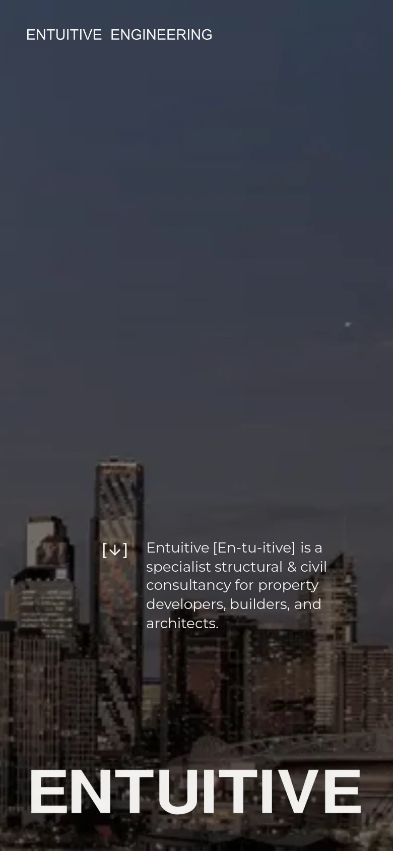 The mobile version presents a vertically oriented view of the city skyline hero image, with the 'ENTUITIVE' branding prominently displayed at the bottom. The text description is centered and scaled for smaller screens, maintaining the dark, minimalist aesthetic of the desktop site.