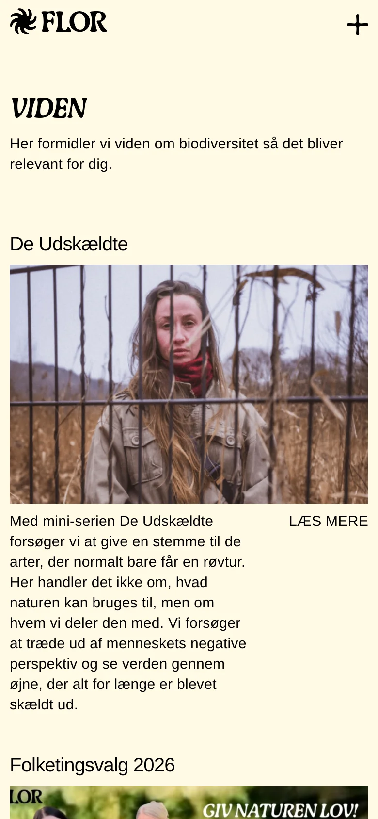 The mobile version uses a single-column vertical layout on a cream background. The 'VIDEN' header and introduction appear at the top, followed by article cards stacked vertically, each with a full-width image, heading, text, and 'LÆS MERE' link. The navigation is condensed into a plus icon in the top right corner.