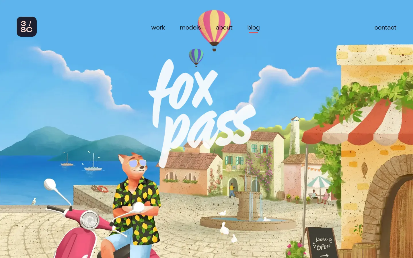 The desktop homepage features a whimsical, wide illustration of a sunny town square with a fox on a pink Vespa, a fountain, and mountains in the background. A large white script title 'fox pass' sits in the center, above a navigation menu and a dictionary-style definition of the term. Below the hero section, a grid of blog posts is displayed with large cover images and text descriptions.