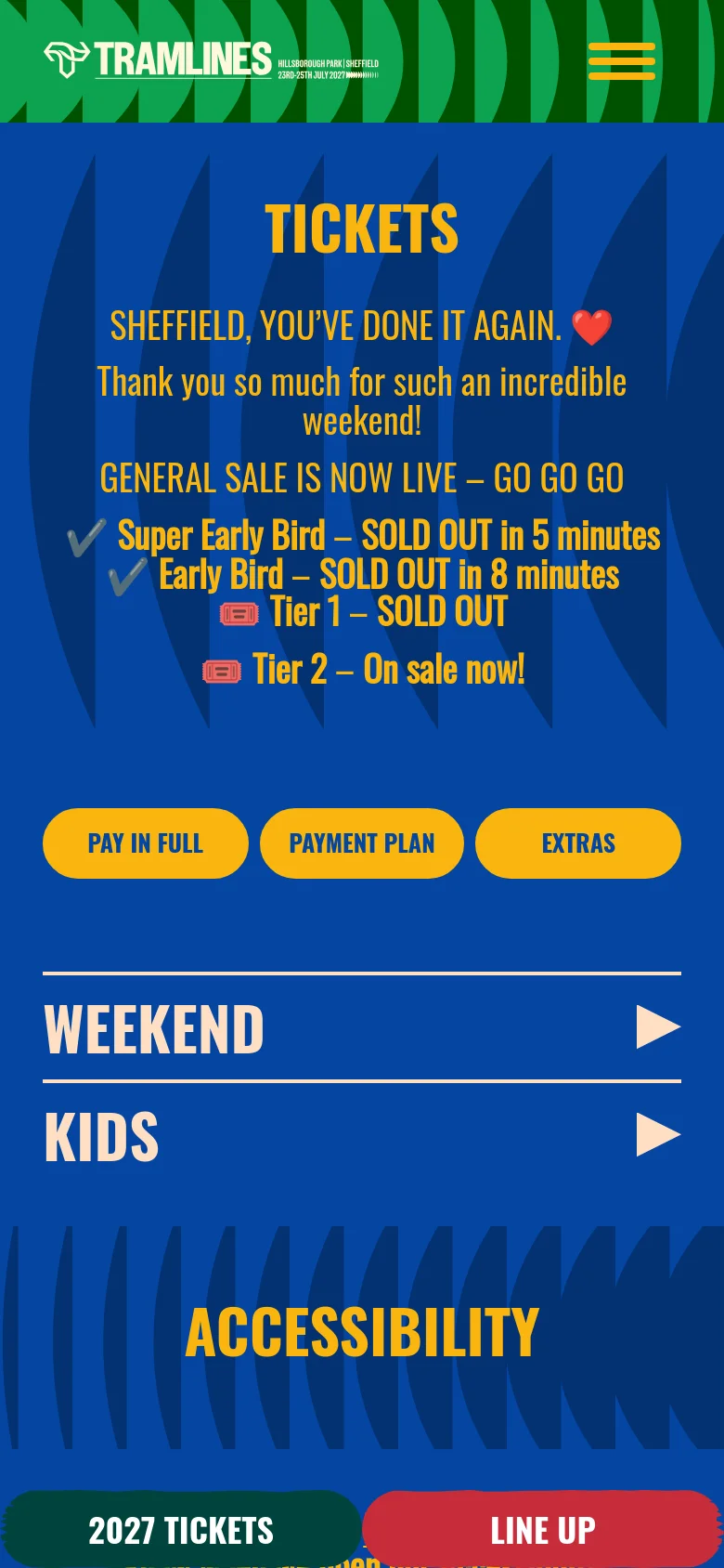The mobile version uses a similar blue and yellow color scheme but features a simplified layout with a hamburger menu icon in the top right. The text is centered and stacked vertically, and the bottom of the screen includes two large, full-width buttons for '2027 TICKETS' and 'LINE UP'.