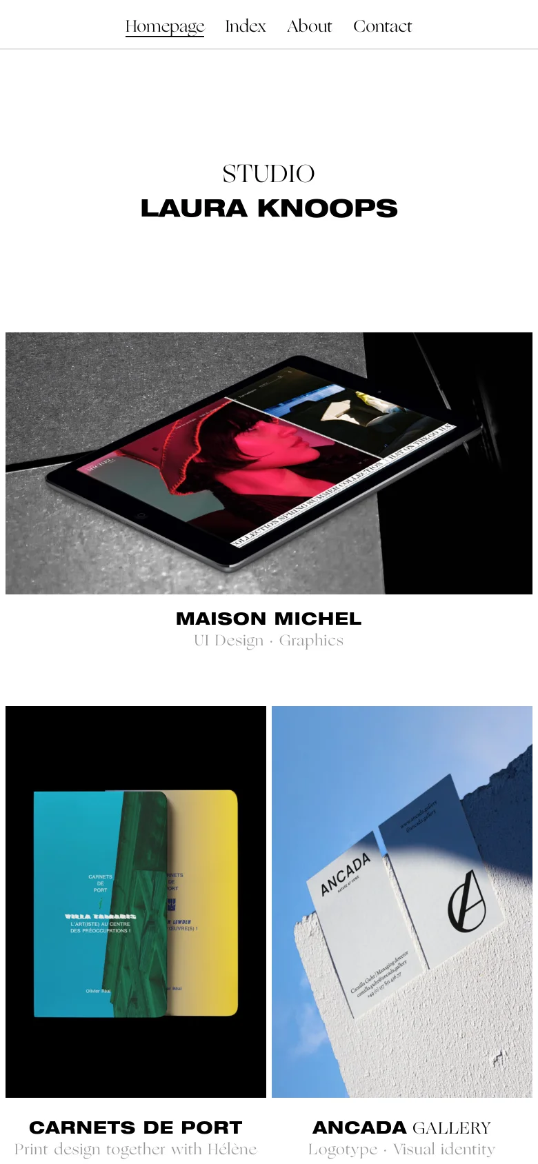 The mobile version maintains the minimalist aesthetic with a centered 'STUDIO LAURA KNOOPS' heading on a white background. The project grid transitions into a single-column vertical scroll, displaying large project images and titles like 'MAISON MICHEL' and 'CARNETS DE PORT' stacked on top of each other for easier viewing on small screens.