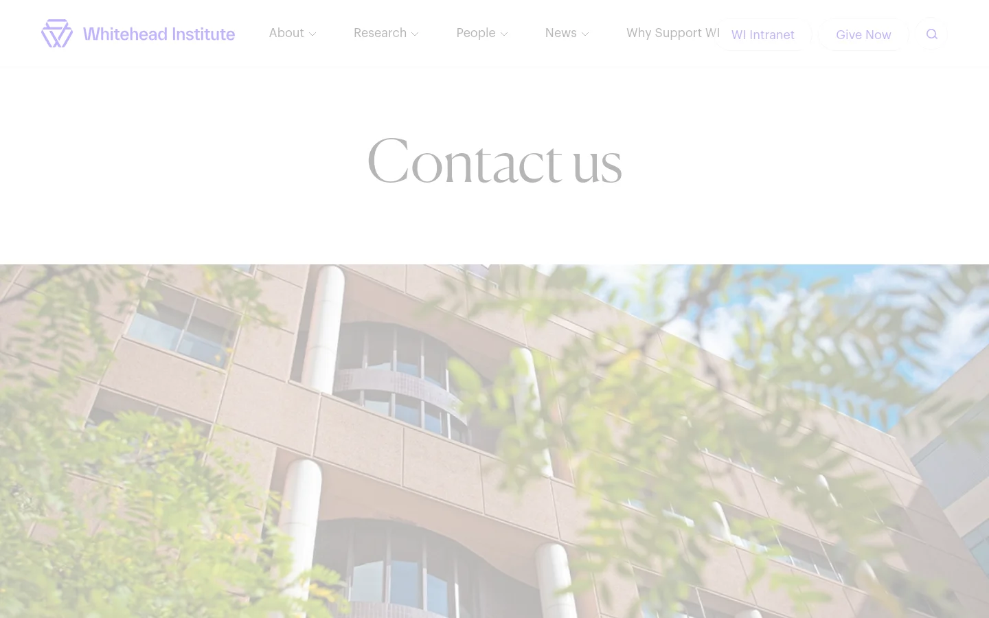 The desktop Contact Us page features a white header with the Whitehead Institute logo and navigation menu. A large hero section displays the headline 'Contact us' over a wide, faded photograph of a modern building partially obscured by green tree branches. Below the hero image, the page content includes the heading 'Sited for Science' followed by descriptive text and contact information.