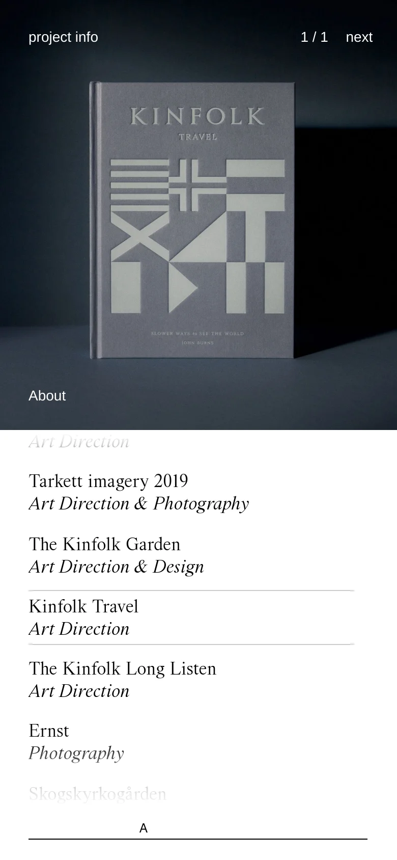 The mobile version features a single-column vertical layout. The large book cover image is centered at the top, followed by a vertical list of project titles and descriptions. The text is scaled for readability on a narrow screen, maintaining the dark aesthetic and white serif font.