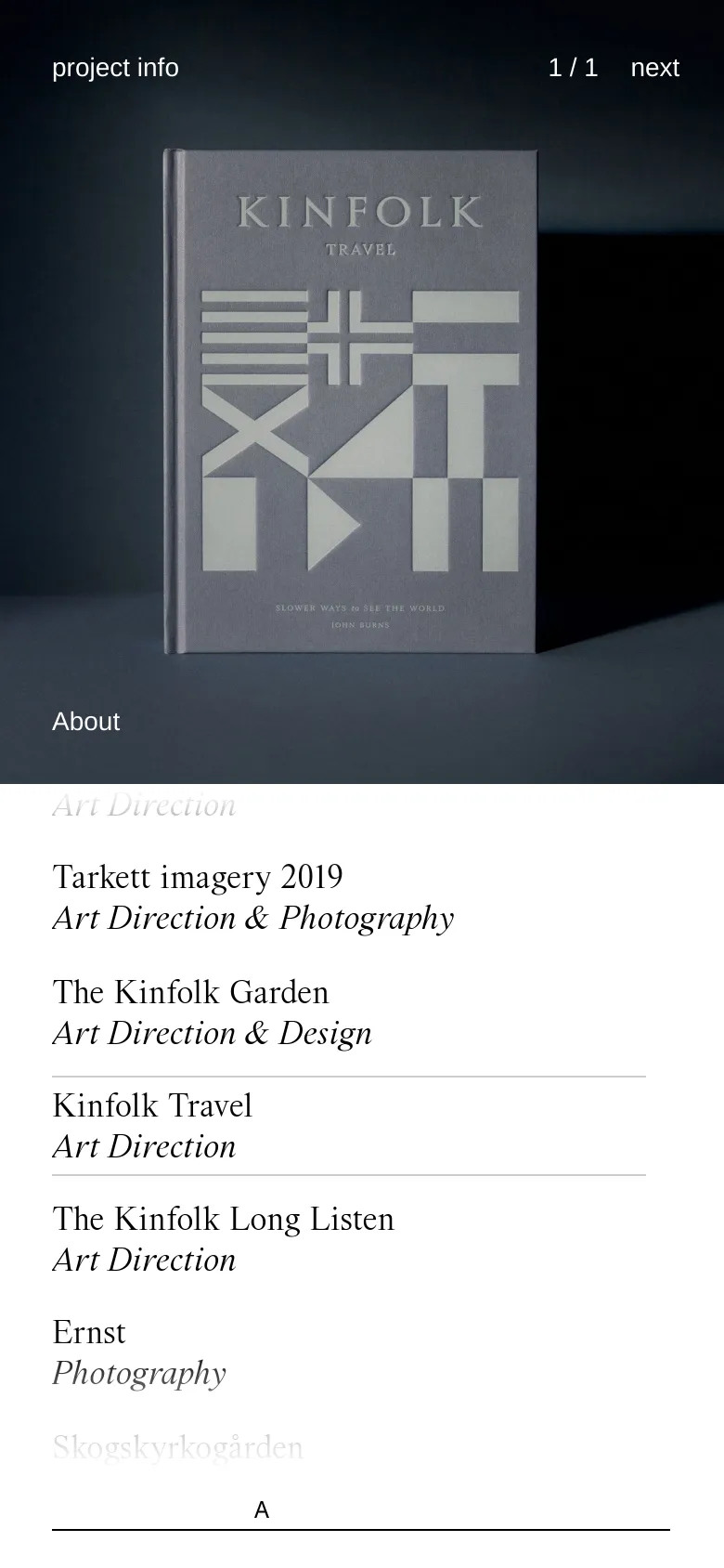 The mobile version features a single-column vertical layout. The large book cover image is centered at the top, followed by a vertical list of project titles and descriptions. The text is scaled for readability on a narrow screen, maintaining the dark aesthetic and white serif font.