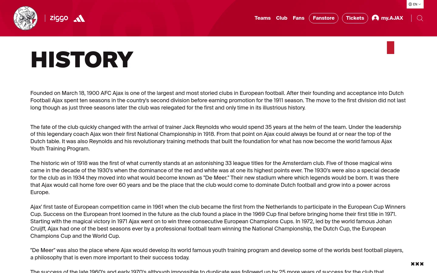 The desktop version features a red header with the Ajax logo, sponsor logos, and a navigation menu including Teams, Club, Fans, Fanstore, Tickets, and my.AJAX. Below the header, a large black 'HISTORY' headline sits above several paragraphs of text on a white background.