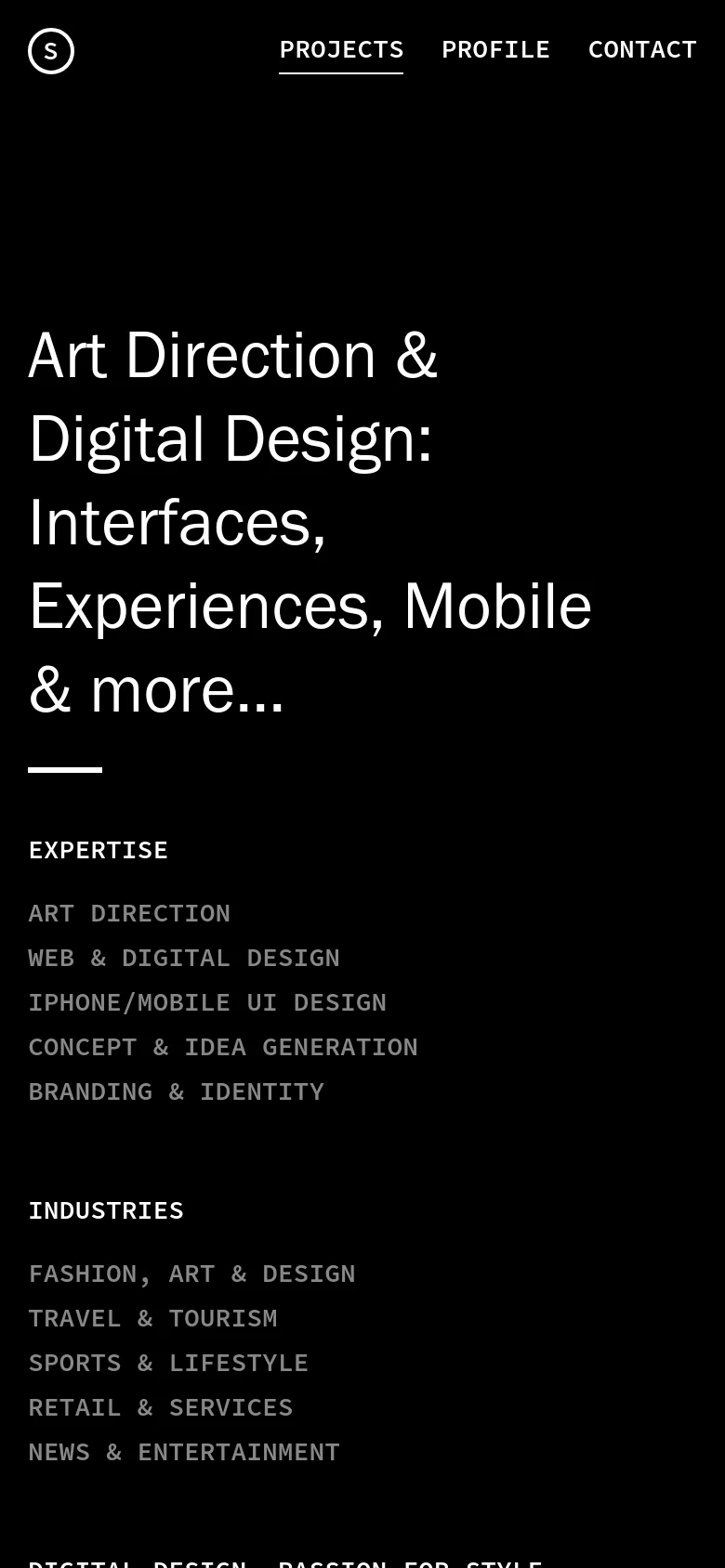 The mobile version presents a vertically stacked layout on a black background. The large headline dominates the top half of the screen, followed by the 'Expertise' and 'Industries' lists arranged in single columns. Navigation links are condensed at the top of the viewport.