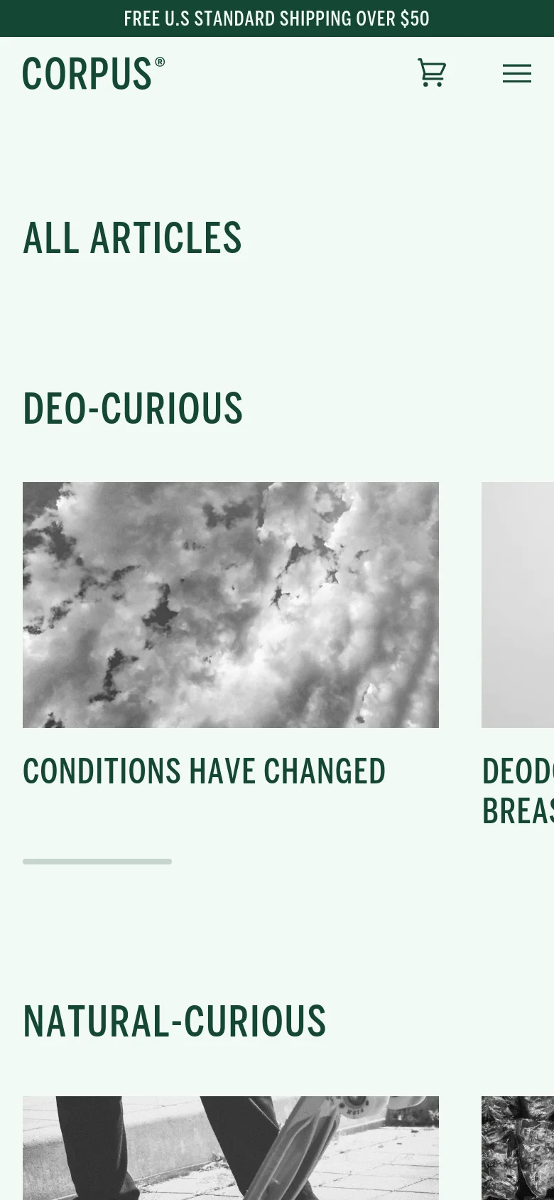 The mobile version simplifies the layout into a single-column vertical scroll. The navigation menu is condensed into a hamburger icon, and article carousels are replaced by large, stacked images and titles for easier scrolling on a small screen.