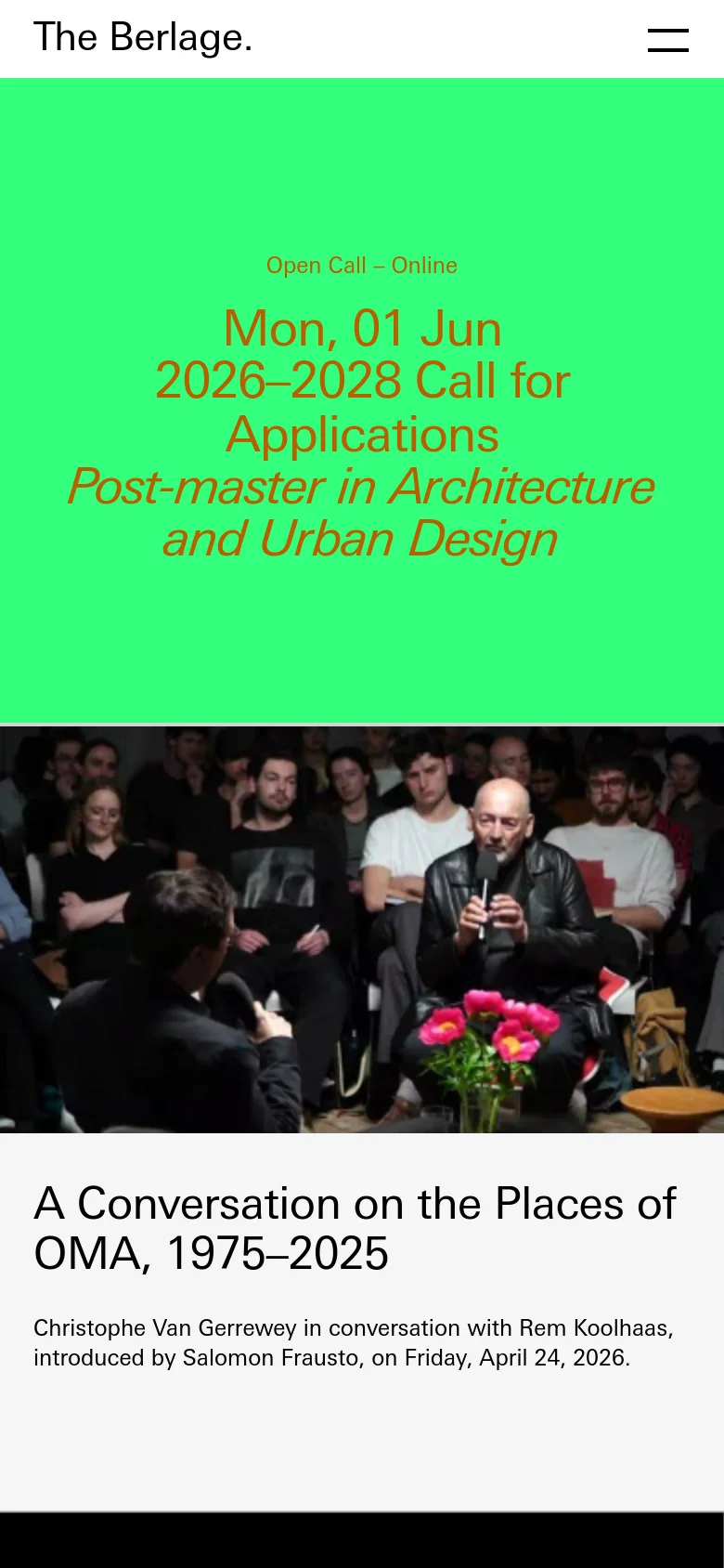 The mobile version maintains the high-contrast aesthetic, stacking the bright green hero section with its large announcement text at the top. The lecture photograph and subsequent text content follow vertically in a single-column layout. The navigation menu is condensed into a simple hamburger icon in the top right corner.