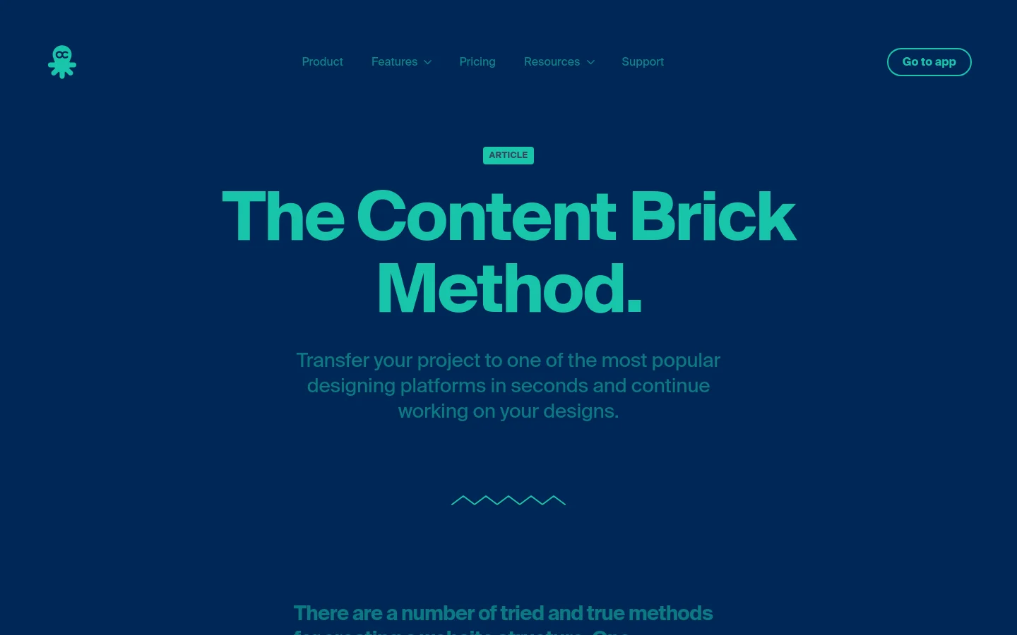 A desktop webpage with a dark navy blue background featuring a large teal headline that reads 'The Content Brick Method.' Below the headline is a subheadline in a lighter teal color, followed by a decorative wavy line. The top navigation bar includes a white octopus logo, menu links for Product, Features, Pricing, Resources, and Support, and a 'Go to app' button.