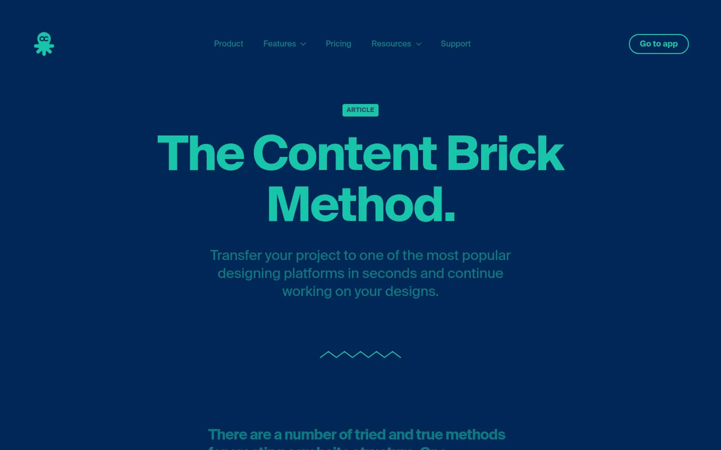 A desktop webpage with a dark navy blue background featuring a large teal headline that reads 'The Content Brick Method.' Below the headline is a subheadline in a lighter teal color, followed by a decorative wavy line. The top navigation bar includes a white octopus logo, menu links for Product, Features, Pricing, Resources, and Support, and a 'Go to app' button.