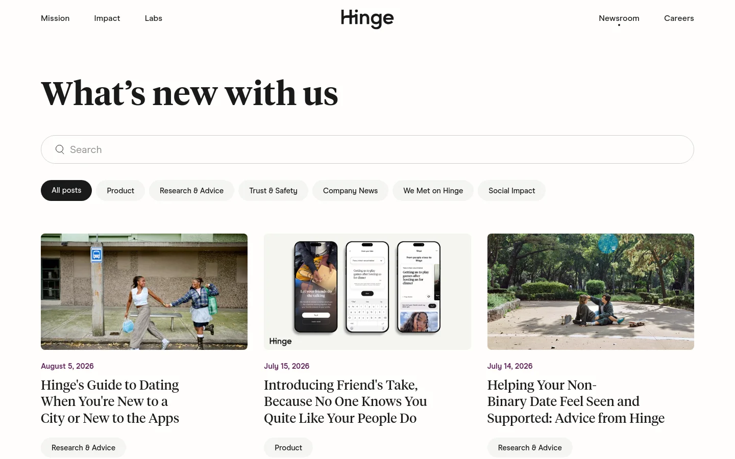 The Hinge Newsroom desktop page features a clean white background with a large serif headline reading 'What’s new with us' above a search bar. Below the search bar, a row of pill-shaped category filters sits above a grid of news articles, each containing a large hero image, date, title, and category tag. The navigation menu at the top includes links for Mission, Impact, Labs, Newsroom, and Careers, with the Hinge logo centered.