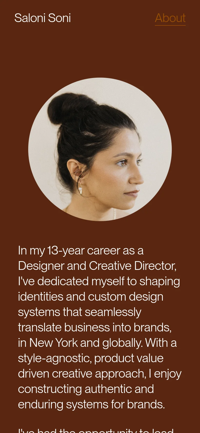 The mobile version maintains the dark brown theme and circular profile image but shifts to a vertical, single-column layout. The text is centered or left-aligned below the image, and the navigation links are simplified at the top to accommodate the narrower screen width.