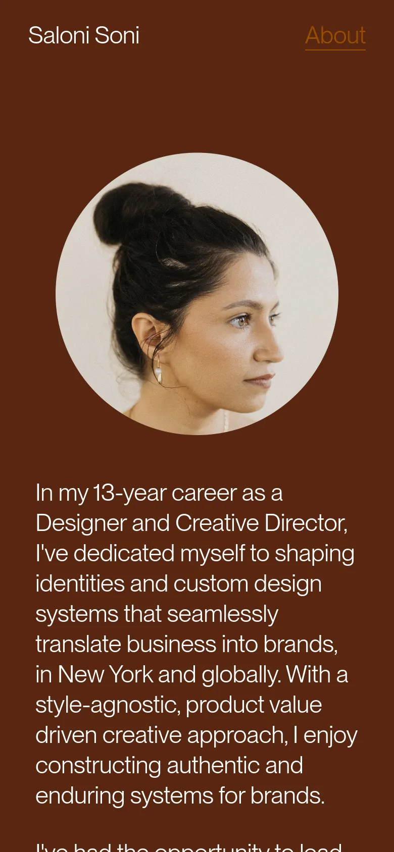The mobile version maintains the dark brown theme and circular profile image but shifts to a vertical, single-column layout. The text is centered or left-aligned below the image, and the navigation links are simplified at the top to accommodate the narrower screen width.