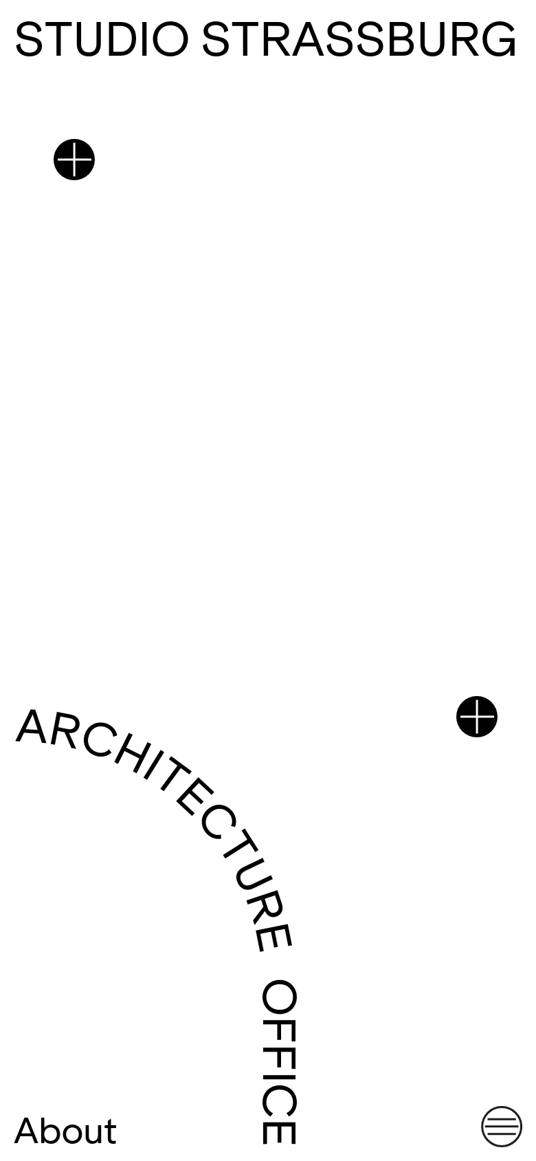 The mobile version maintains the minimalist white and black aesthetic but simplifies the layout for a vertical screen. The text 'STUDIO STRASSBURG' and 'ARCHITECTURE OFFICE' are prominently displayed in large, bold black type, with a hamburger menu icon in the bottom right corner.