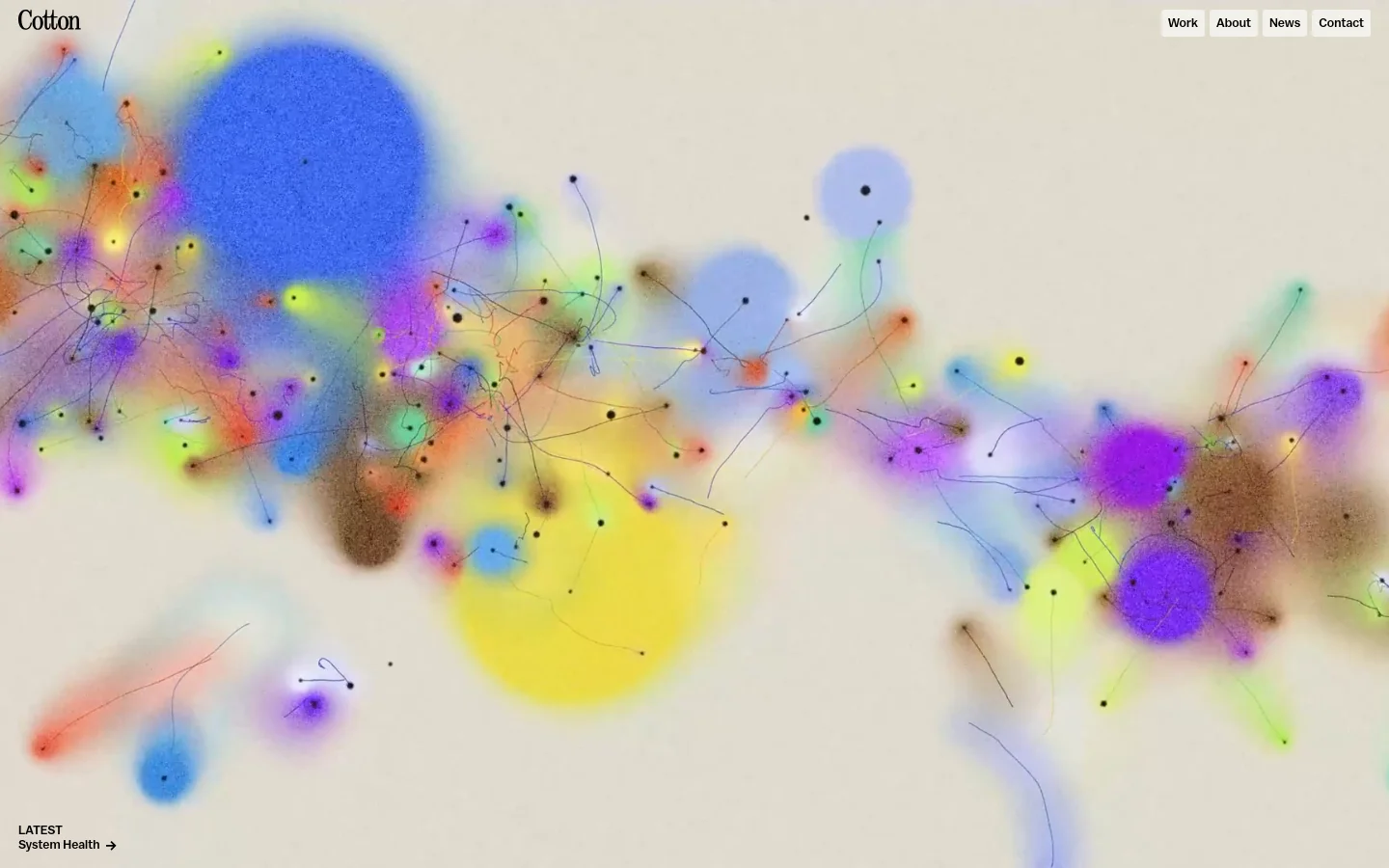 The desktop homepage features a large, abstract hero graphic of colorful, interconnected nebulous blobs and thin lines on a cream background. A navigation menu at the top right includes Work, About, News, and Contact, while a 'LATEST' link with an arrow is positioned at the bottom left. Below the main visual, a grid of client logos like Converse, Emerson Collective, and Gates Foundation is displayed against a black background.