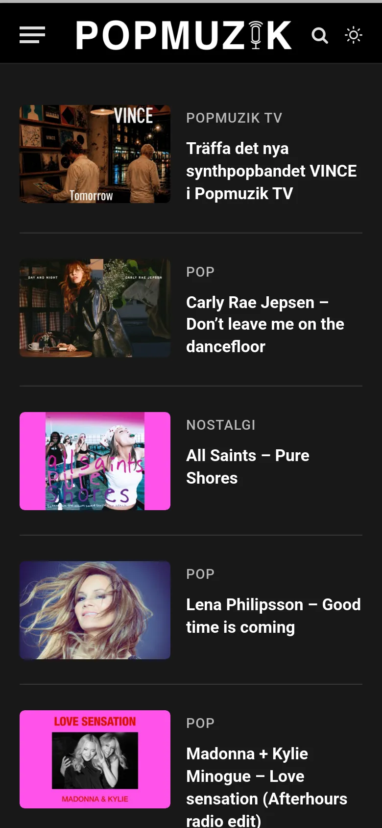 The mobile version uses a condensed layout with a dark background and a top navigation bar containing a hamburger menu, the 'POPMUZIK' logo, a search icon, and a theme toggle. The blog feed remains vertical, with large thumbnail images stacked above or beside the text content to fit the narrower screen width.