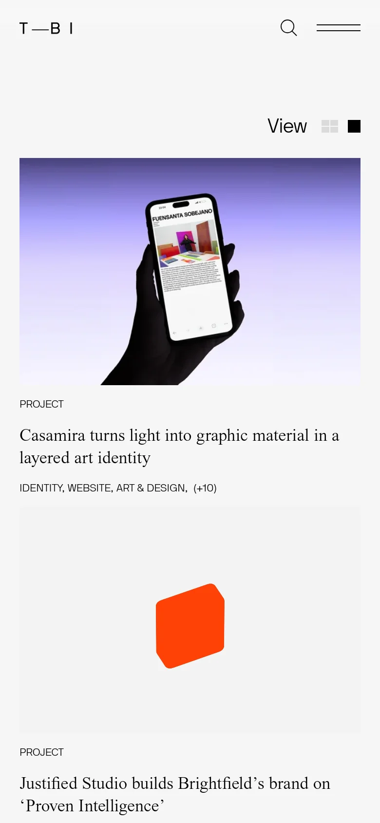 The mobile version presents the same content in a single-column vertical stack, prioritizing large imagery for each project and interview. The navigation is simplified, and the grid view options are condensed to fit the narrower screen width.