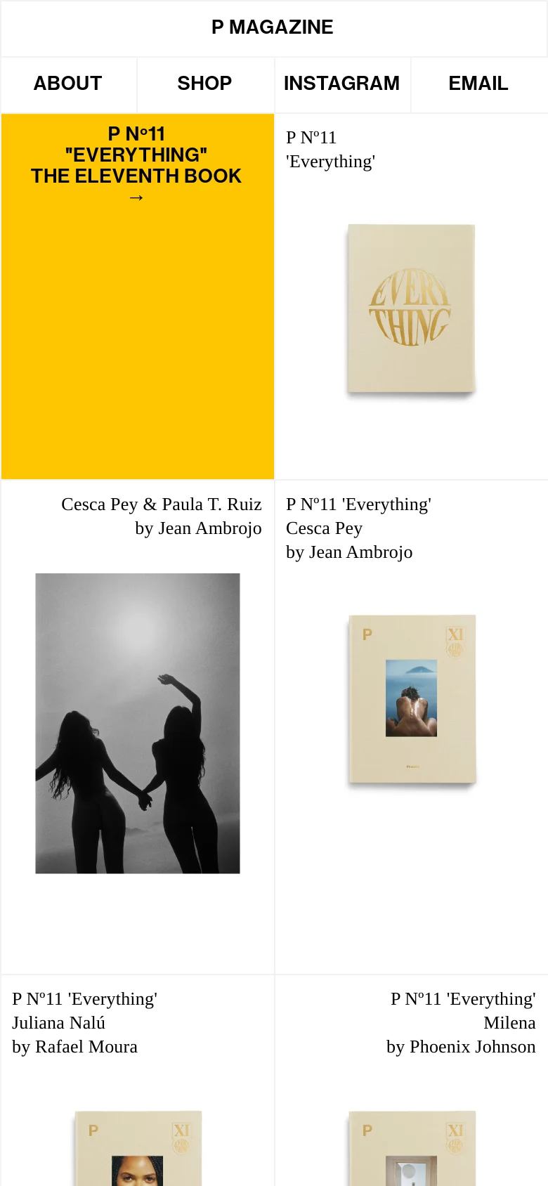 The mobile version presents a single-column vertical scroll of the magazine's content. The yellow hero section remains at the top, followed by large, full-width imagery and text blocks for each editorial feature. The navigation menu is condensed into a simplified top bar with links for About, Shop, Instagram, and Email.