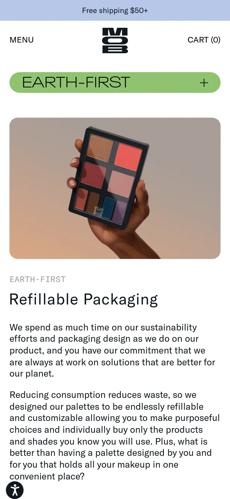 The mobile version uses a single-column vertical layout. A large, light green button labeled 'EARTH-FIRST' with a plus icon sits at the top, followed by the hero image of the makeup palette and the 'Refillable Packaging' heading and text below it.