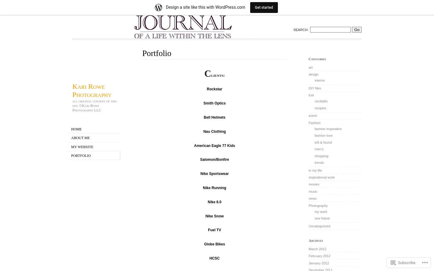 The desktop portfolio page features a minimalist white layout with a centered 'Journal of a Life Within the Lens' logo at the top. A left-hand sidebar contains the site title and navigation links, while the main content area lists clients in a single vertical column of bold text. A right-hand sidebar displays categories and archives.