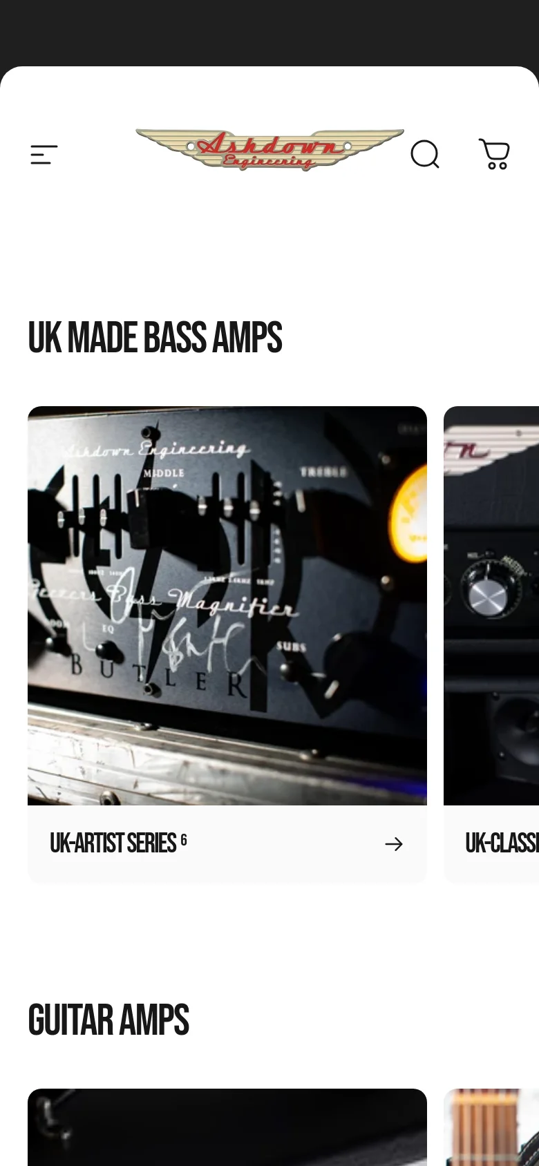 The mobile version presents a simplified vertical layout with a hamburger menu icon and the brand logo at the top. The 'UK MADE BASS AMPS' section transitions from a wide carousel to a single-column stack of large, high-contrast product cards, making the imagery and series titles easier to tap and read on a small screen.