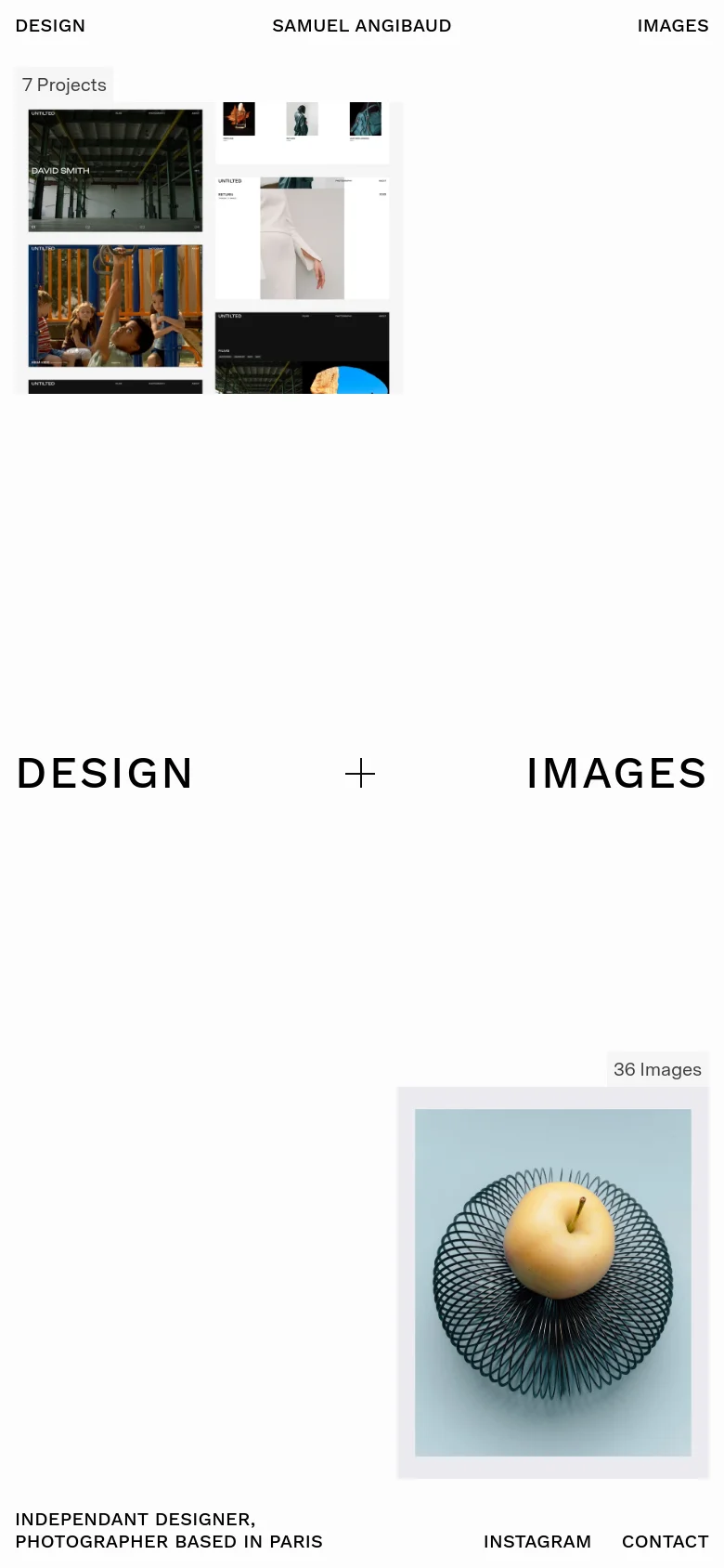 The mobile version presents a vertically stacked layout on a white background. The design section appears first with a grid of project thumbnails, followed by the photography section featuring a large single image of an apple in a wire bowl. Navigation is simplified, with the name 'Samuel Angibaud' centered and contact links at the bottom.